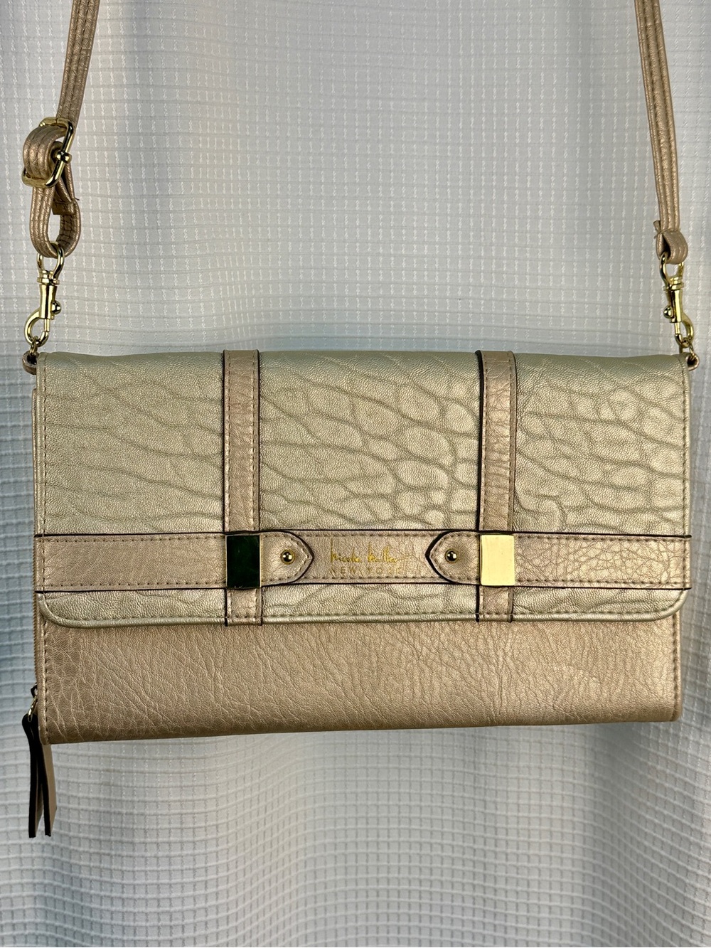 Nicole Miller Champagne Gold Metallic Wallet-On-Chain Crossbody Bag - Like New